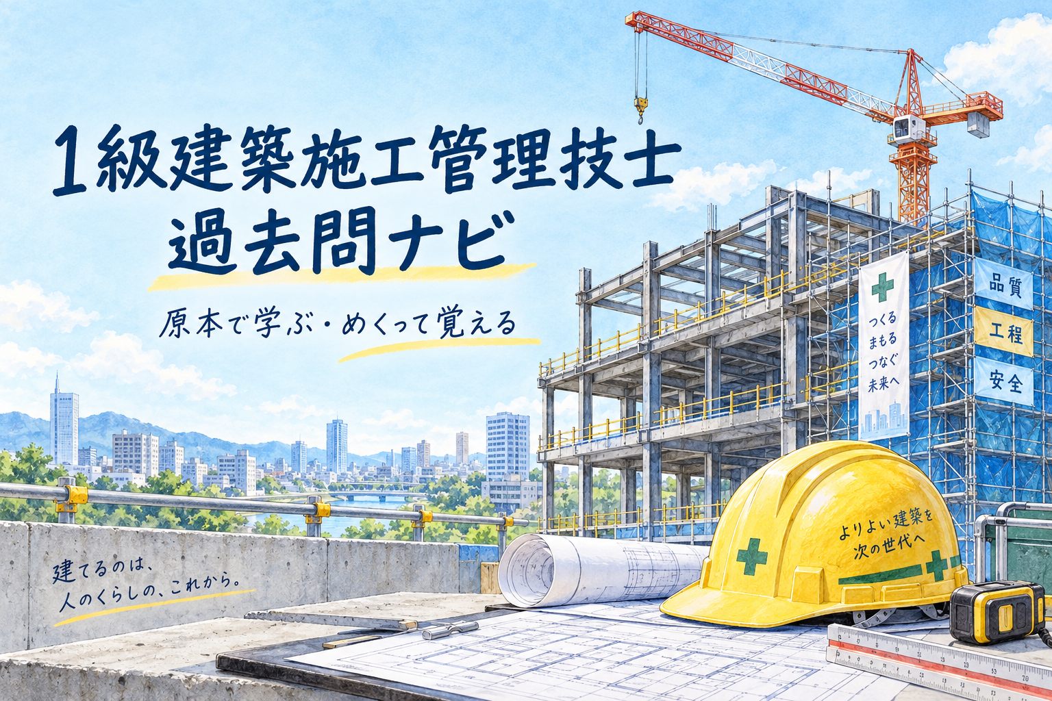 建築現場と図面、ヘルメットを描いた手書き風バナー。1級建築施工管理技士 過去問ナビ