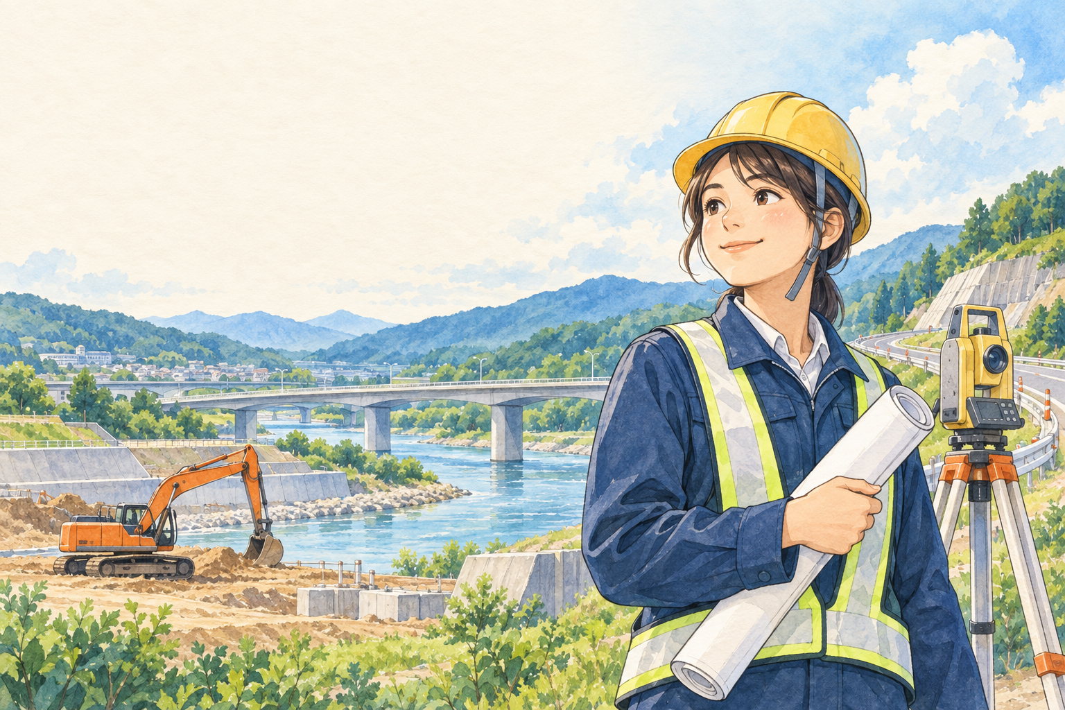 道路や橋の工事を支える土木技術者、建設機械、測量機器を描いた手描きイラスト