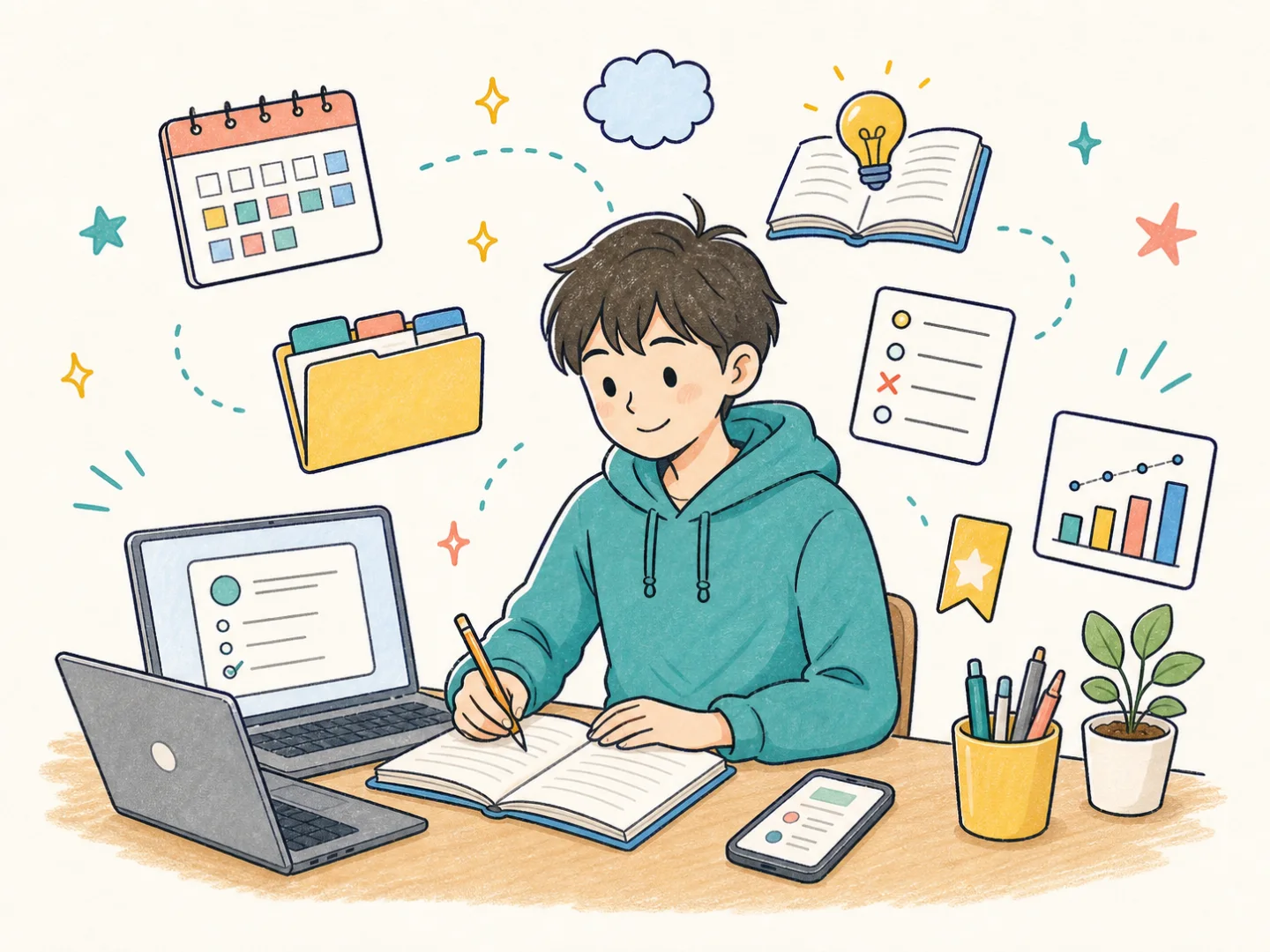 年度別学習、詳しい解説、復習、ブックマーク、学習記録を使って勉強する学生