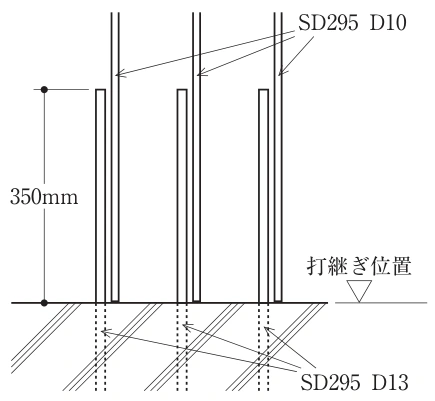 耐力壁の縦筋(D13とD10)の継手長さの形状及び寸法