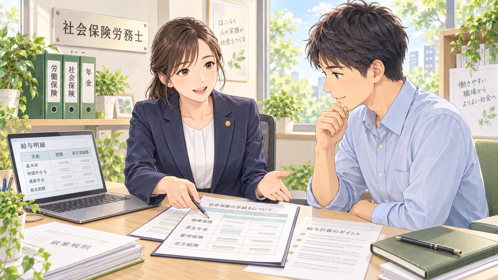 社会保険労務士が社会保険や給与の書類を使い、働く人の相談に応じるアニメ調イラスト
