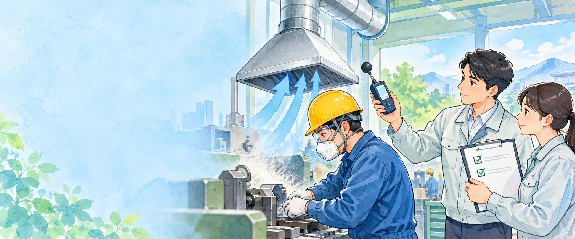 換気設備のある作業場で測定器を使い、働く人の健康を確認する手描き風イラスト