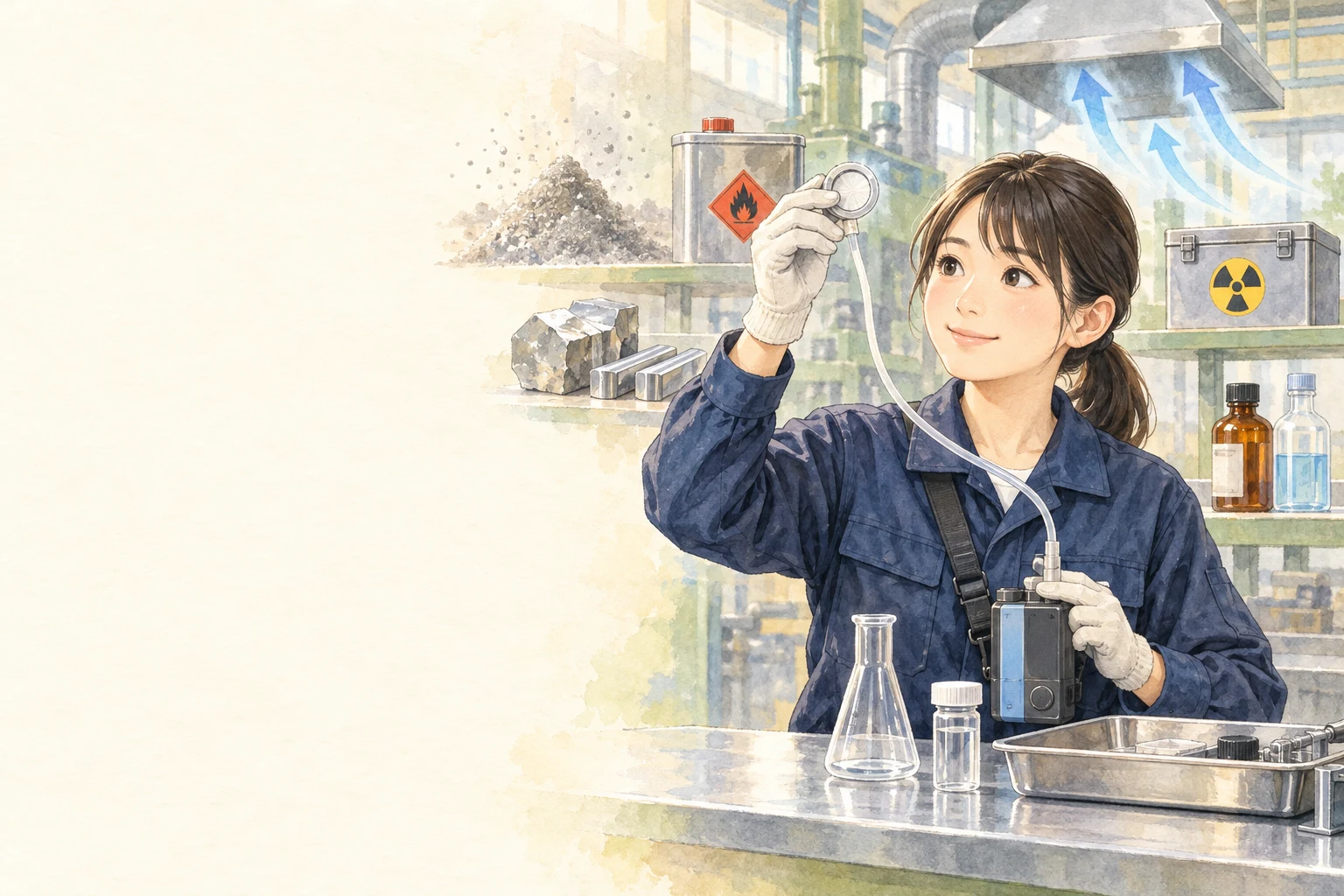 作業場で測定器を持ち、空気中の有害物質を調べる作業環境測定士の手描き風イラスト